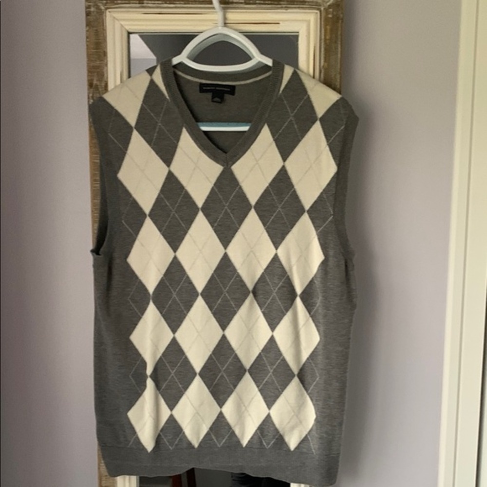 Banana Republic Argyle Diamond‎ Sweater Vest V Neck Large Gray White Cotton Wool